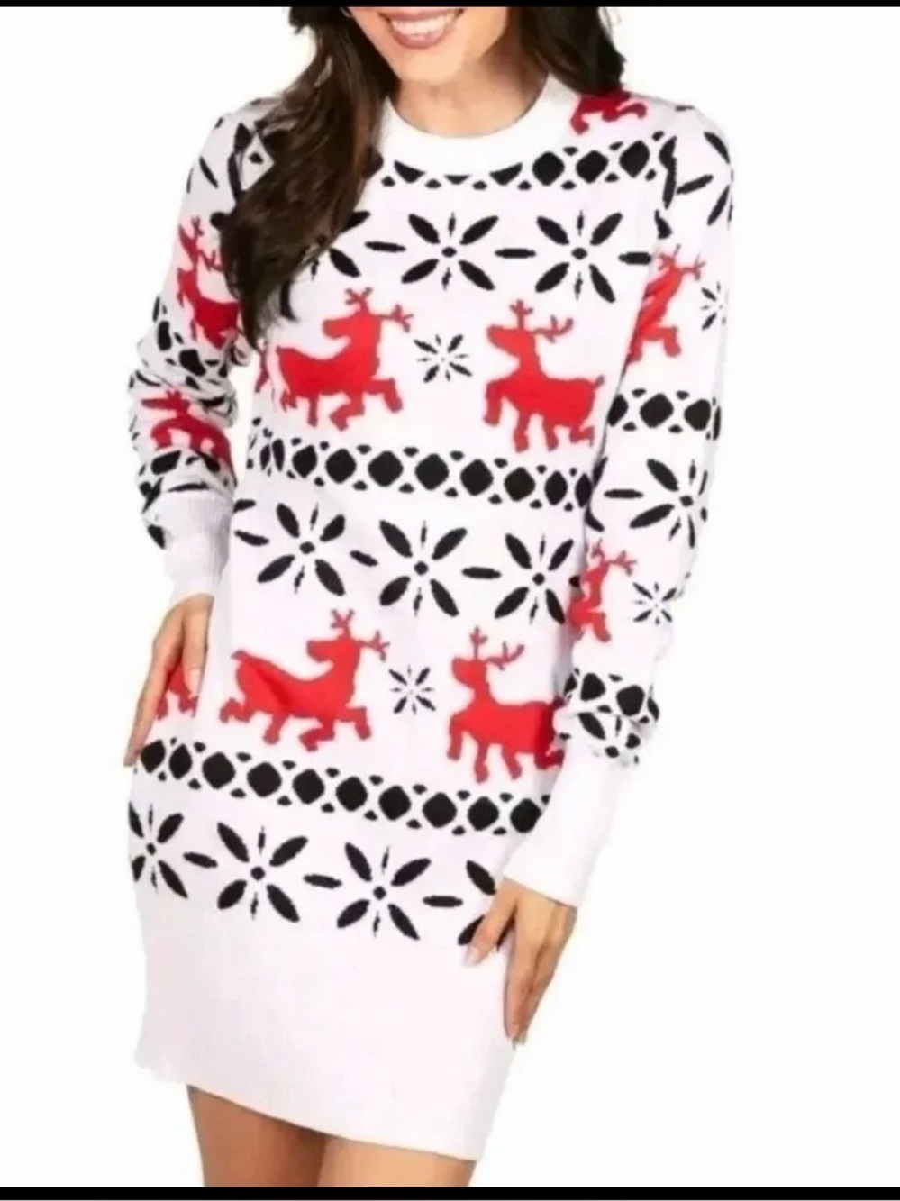 Tipsy Elves White Red and Black Reindeer Sweater Dress